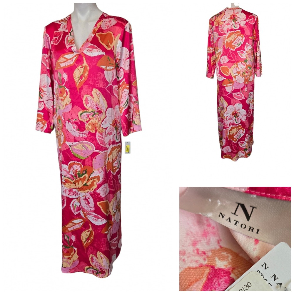 Natori N Natori Pink Floral Maxi Caftan Dress V-Neck Long Sleeve Small NWT